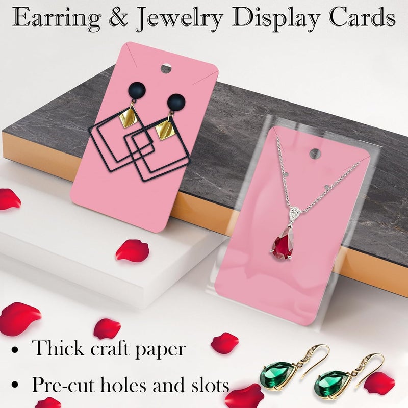 Twavang Pink Earring Display Cards with 100Pcs Earring Holder Cards, 200 Pcs Ear Backs and 100Pcs Jewelry Packaging Bags for Necklace Jewelry Display (3.5" x 2.3" Inches) - Image 4